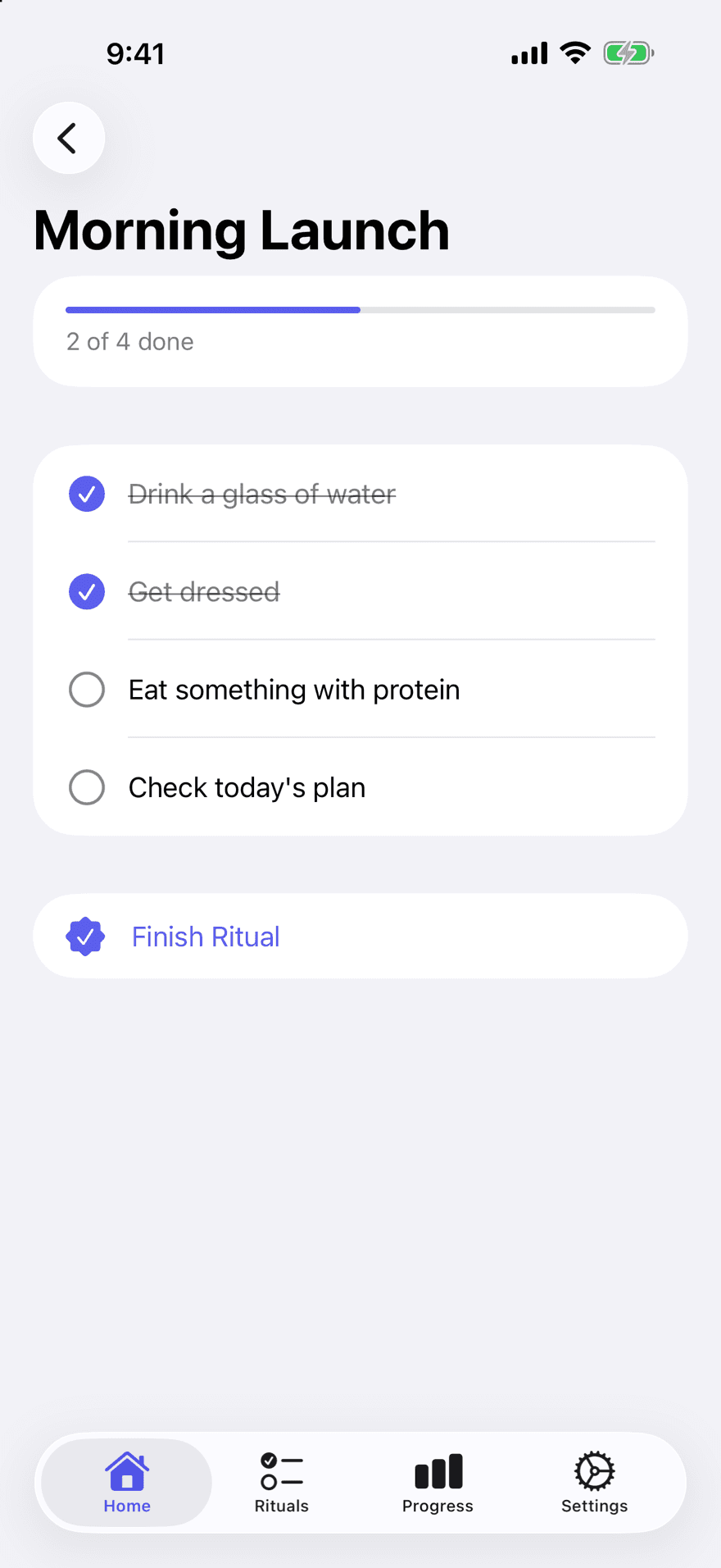 The Morning Launch ritual in ADHD+, with 2 of 4 steps ticked off
